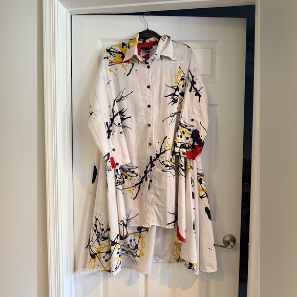 Step In Style Tops - Abstract Paint-Splash Shirt Dress in White, Black, Yellow & Red